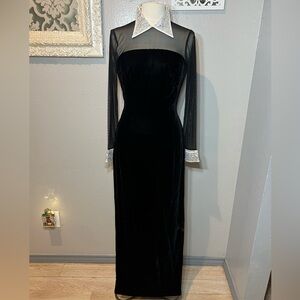 Michael Casey Black Velvet Dress with Sheer Sleeves and Crystals